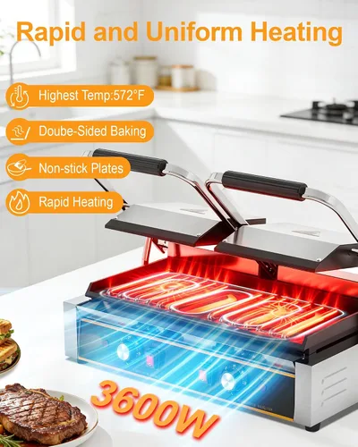 Vista 4 de Panini Press comercial - Parrilla eléctrica Panini de 3600 W, acero inoxidable, controles de temperatura duales, prensa doble sándwich con sartén