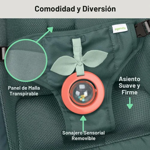 Vista 5 de Ingenuity Stow & Go - Portabebés plegable compacto, asiento portátil ligero con vibración, verde, menos de 5 libras