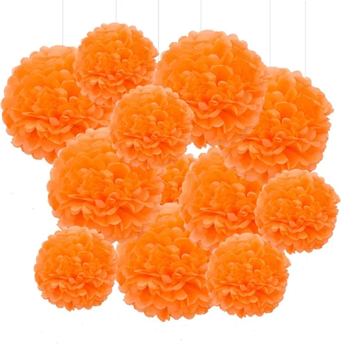 Vista 16 de GAKA Pompones de papel de seda rosa intenso (rojo rosa), rosa y naranja, decoraciones para fiestas, flores de seda colgantes de 10 y 12 pulgadas, 12