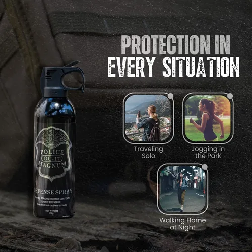 Vista 6 de Police Magnum Gran spray de pimienta para defensa personal – Táctica máxima fuerza seguridad y protección – Bote de fuego portátil negro – Fabricado