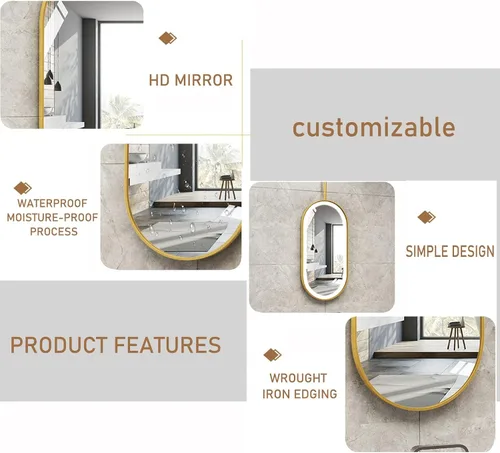 Vista 4 de Espejo ovalado para colgar en el techo, espejo de pared flotante para baño, espejo montado en el techo con marco de metal negro y pluma - dorado