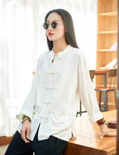 Vista 3 de LUZU JUNU Blusa casual de algodón y lino con botones para mujer, manga larga, holgada, con bolsillos