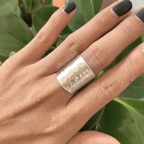 Vista 5 de Hammered Sterling Silver Handmade Classic Wide Band Boho Statement Ring, Shiny Finish Wrap Band Adjustable to Sizes 6-12, Also as Thumb Ring, Gift