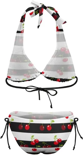 Vista 6 de Traje de baño de dos piezas para mujer, lindo traje de baño de bikini triangular con lazo de cereza