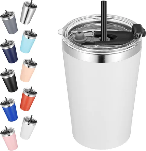 Vista 23 de VEGOND - Vaso térmico de acero inoxidable de 12 onzas con aislamiento al vacío de doble pared, vaso para viaje con tapa y pajita reutilizable Negro