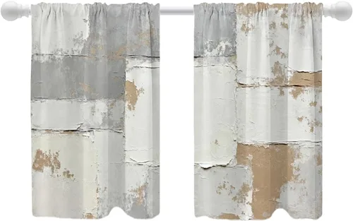 Vista 85 de Shrahala Beige and Orange Abstract Art Brushstrokes Blackout Curtain Tiers, Abstract Oil Paint Kitchen Valance Light Blocking Tier Drapes with Rod