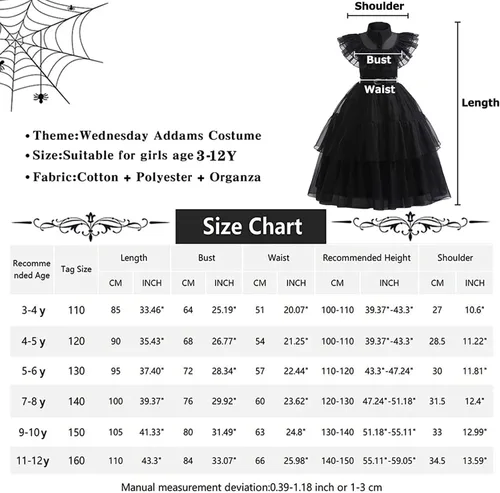 Vista 6 de Disfraz de Miércoles Negro para Niñas para Niñas, Halloween, cosplay, Vestidos de fiesta familiar con cinturón y peluca de 4 a 13 años