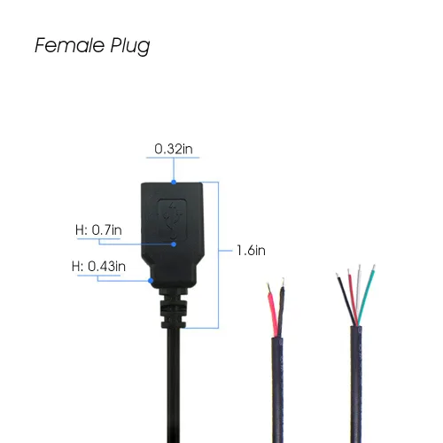 Vista 5 de Cable de extremo abierto USB A hembra a cable desnudo de 3.3 pies (39.4 in) 5V 2.1A 2 y 4 núcleos de transmisión de alimentación y transmisión