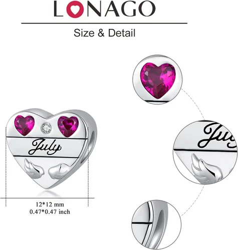 Vista 6 de LONAGO Abalorio personalizado de plata de ley 925 con forma de corazón y piedra natal personalizada, pulsera de ajuste de piedras preciosas