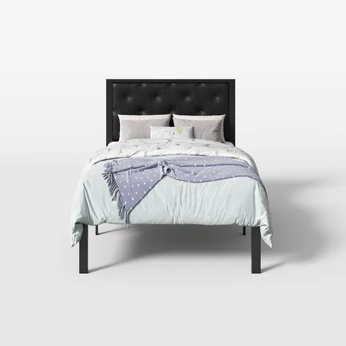Vista 9 de SHA CERLIN Base de cama de plataforma tamaño individual con estructura de metal, cabecero tapizado de cuero PU con botones, base de colchón con 31.5