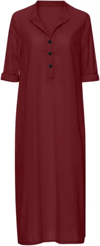 Vista 49 de Vestido de manga larga para mujer, casual, de algodón, lino, con botones, maxivestidos tipo caftán, blanco y azul