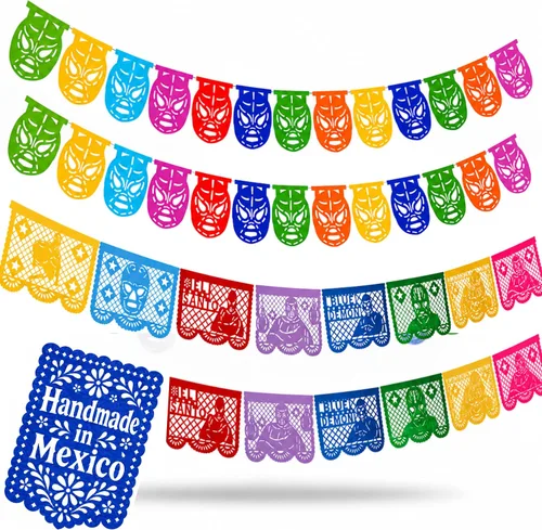 Vista 11 de Papel Picado de 16 pies, pancarta mexicana, pancarta de plástico Lucha Libre, decoraciones de pancarta mexicana, suministros de fiesta de Luchador