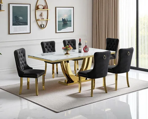 Vista 24 de SSLine Juego de mesa de comedor de mármol sintético blanco de 68 pulgadas