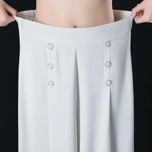 Vista 3 de Pantalones plisados de pierna ancha con estilo fresco y delgado, pantalones de cintura alta con doble botonadura y pierna ancha, pantalones plisados