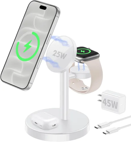 Vista 11 de Aeinidi Estación de carga rápida inalámbrica 3 en 1 de 25 W para cargador MagSafe de Apple BlancoDorado