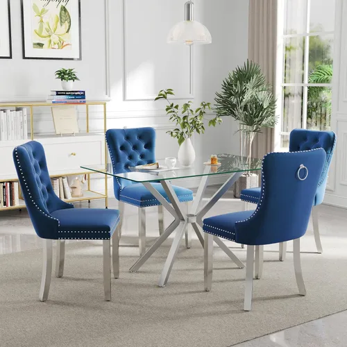 Vista 26 de Juego de comedor moderno de cristal de lujo de 5 piezas, juego de comedor rectangular minimalista para 4, juego de mesa de cocina de vidrio