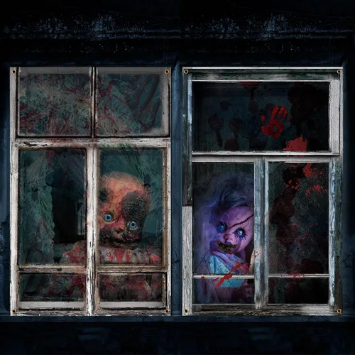 Vista 14 de Newwiee - 2 cortinas de Halloween aterradoras con silueta para ventana, decoración, póster temático para interiores y exteriores, fiestas, paredes