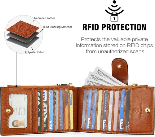Vista 3 de BOSTANTEN Billeteras de cuero para mujer con bloqueo RFID delgado plegable tarjetero con bolsillo con cremallera