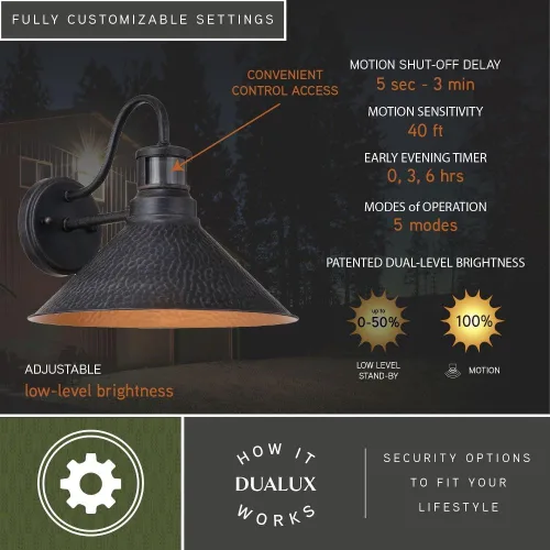 Vista 5 de VAXCEL Outland - Lámpara de pared rústica con sensor de movimiento para porche o patio, linterna de pared de cuello de cisne al aire libre