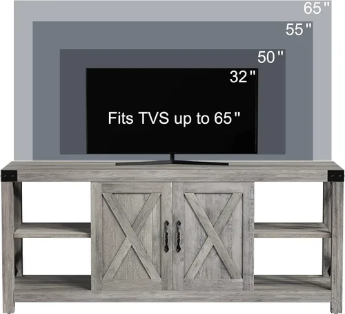 Vista 4 de IDEALHOUSE Soporte de TV de 59 pulgadas para TV de hasta 65 pulgadas, gabinete de TV de madera de granja con almacenamiento y estantes ajustables