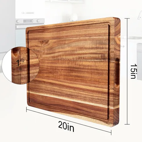 Vista 2 de Tabla de cortar de madera de acacia grande de 20 pulgadas 1.5" de espesor, tabla de cortar de madera reversible para cocina, tabla de quesos