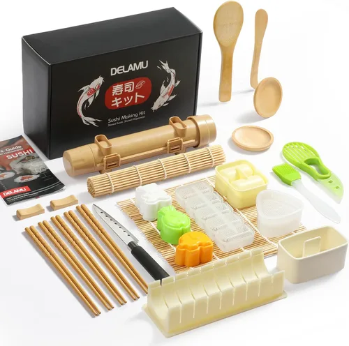 Vista 10 de Delamu Kit de fabricación de sushi, kit de rodillo de bazooker 22 en 1 con alfombrillas de bambú, cuchillo de chef, molde de arroz para sushi