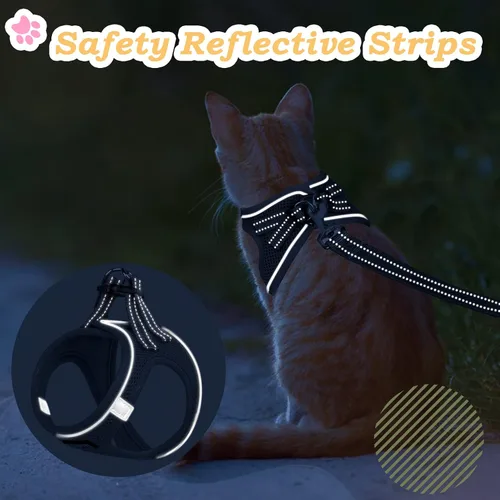 Vista 5 de Arnés para gato y correa a prueba de escapes, ajustable de malla suave, arnés reflectante para mascotas, para gatos, perros pequeños, cachorros Negro