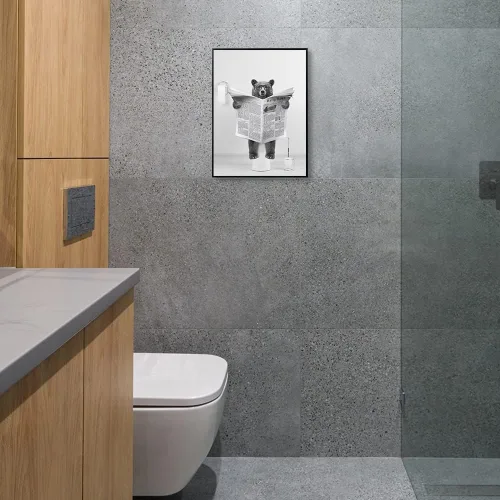 Vista 6 de XMJJQQ Lienzo enmarcado divertido de oso para pared, pintura de lindo oso blanco y negro en el inodoro, imagen de animales salvajes, decoración