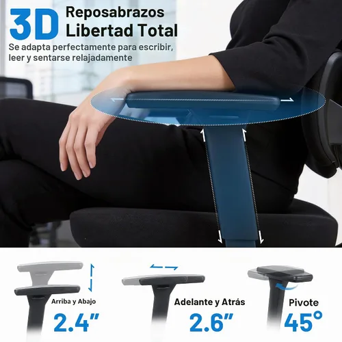 Vista 6 de Silla ergonómica de escritorio de oficina, silla de computadora de malla transpirable con respaldo alto, soporte lumbar 3D, reposacabezas 2D