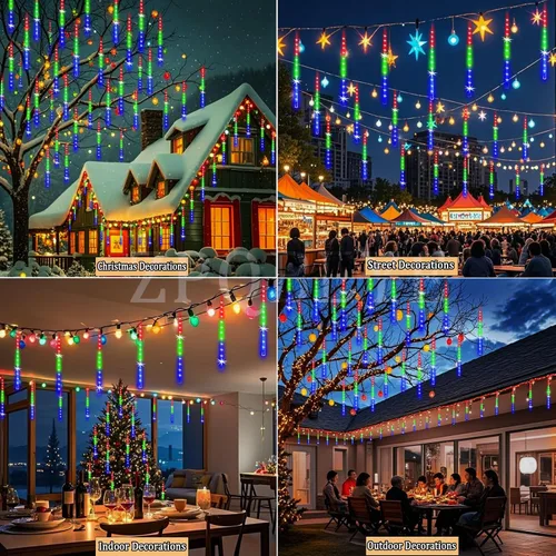 Vista 4 de Luces de lluvia de meteoros al aire libre, luces navideñas, 24 tubos, 576 LED, efecto de caída de nieve, lluvia en cascada, carámbanos, luz