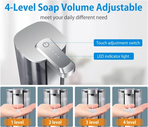Vista 3 de Dispensador automático de jabón líquido, recargable, sin contacto, 17oz/500ml con 4 niveles de jabón ajustables, montaje en pared e impermeable