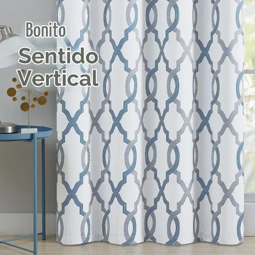 Vista 4 de [Usado] Cortinas 100% blackout, de 63 pulgadas de largo, para dormitorio, azul gris con estampado geométrico marroquí en blanco, cortinas