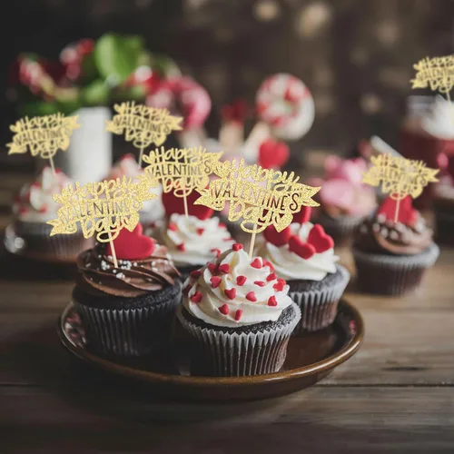 Vista 7 de Ephlyn 24 adornos para cupcakes con purpurina para el día de San Valentín, dulce amor, corazón, día de San Valentín, decoración para cupcakes