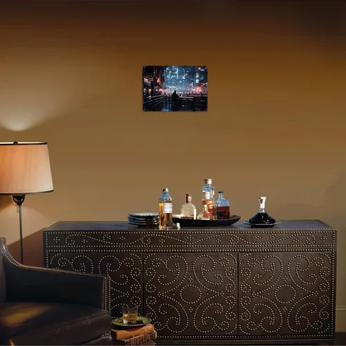 Vista 6 de Cyber Futuristic Nightlife - Letrero de metal con diseño de paisaje de ciudad, retro, para hombre, cueva, bar, garaje, habitación, calle, decoración