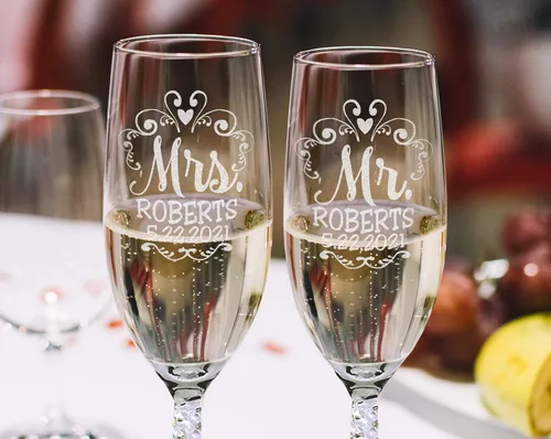 Vista 8 de Mr Mrs - Juego de 2 copas de champán con tallo retorcido para parejas, recién casados, novios, novios, novios, esposos, esposa, aniversario