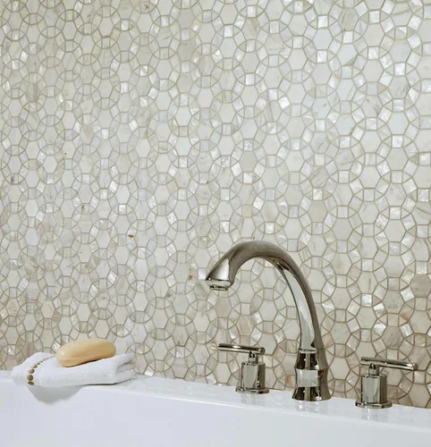 Vista 7 de Carrara Waterjet mármol con mezcla de círculos de palas de nácar azulejos en hoja de mosaico (1 hoja)