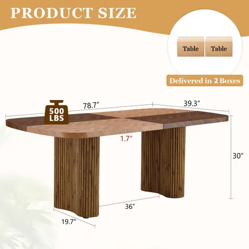 Vista 2 de Mesa de comedor extra larga de 78.7 pulgadas para 6-10 personas, mesa de cocina moderna con bases estriadas, mesa de comedor rectangular de granja