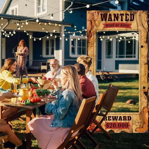Vista 4 de Funrous Wanted Poster Photo Prop Western Photo Booth Prop - Marco grande para selfies, cartel de tela, cartel de fondo para decoración de fiesta