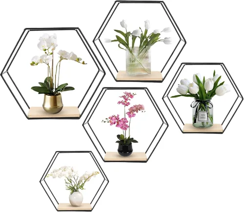 Vista 8 de Estantes flotantes hexagonales montados en la pared, juego de 3 en diferentes tamaños, estante de pared de metal moderno, estantes de almacenamiento