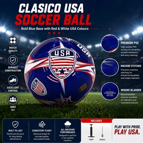 Vista 7 de CLASICO Balón de fútbol de Estados Unidos, tamaño 5, con base azul intenso y colores rojo y blanco, incluye bomba y aguja, para edades de 14 años