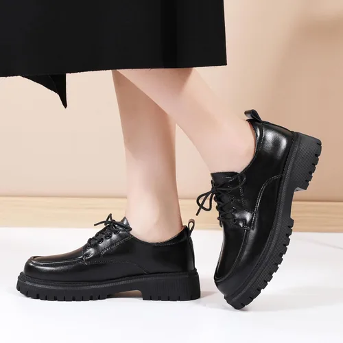 Vista 2 de Zapatos Oxford para mujer, zapatos de charol para mujer, plataforma Oxford, brillante, con cordones, punta redonda gruesa, antideslizante