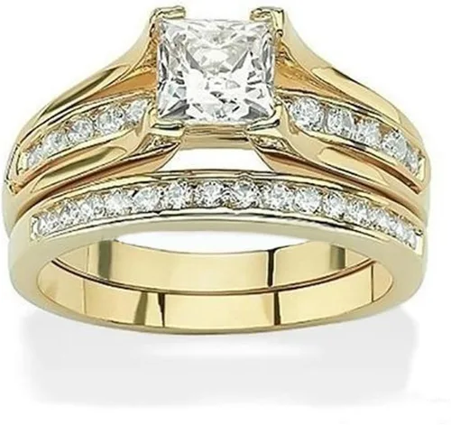 Vista 2 de His & Her 14K.G.P., conjuntos de anillos de compromiso y de bodas de 3 piezas en acero inoxidable para mujer y hombre.