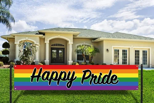Vista 5 de Nepnuser Cartel de valla con texto en inglés «Happy Pride Fence Banner Rainbow LGBTQ+», cartel grande para decoración de jardín y patio delantero