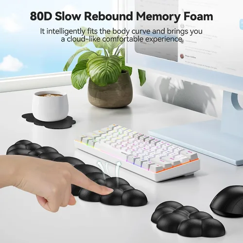 Vista 4 de TECKNET Cloud - Juego de reposamuñecas para teclado, reposamuñecas Cloud con base antideslizante, almohadilla de muñeca de cuero PU para teclado