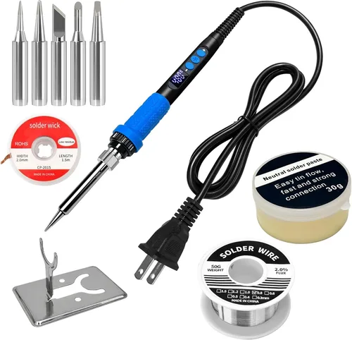 Vista 8 de 908B - Kit de soldador azul de 60 W, herramienta de soldadura de temperatura ajustable con 5 puntas intercambiables y soldadura, calentamiento