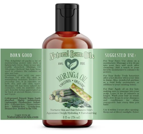 Vista 2 de Natural Born Oils Aceite de moringa, 8oz, orgánico, prensado en frío, rico en vitaminas A y C, ideal para hidratar la piel, fortalecer el cabello