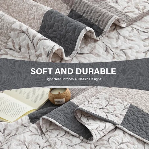 Vista 5 de SahSahCasa Edredón tamaño Queen, edredón acolchado a cuadros 100% algodón para cama Queen, colchas florales, colcha reversible de estilo campestre