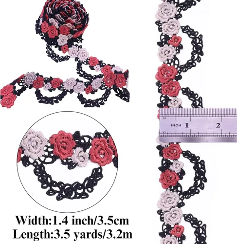Vista 2 de Cinta de encaje bordada con flores negras para coser manualidades, boda, 3.5 yardas