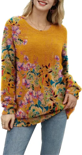 Vista 9 de YESNO Suéter de Navidad para mujer, estampado gráfico, suéteres de gran tamaño, casuales, sueltos, de punto, S01 Floral 064