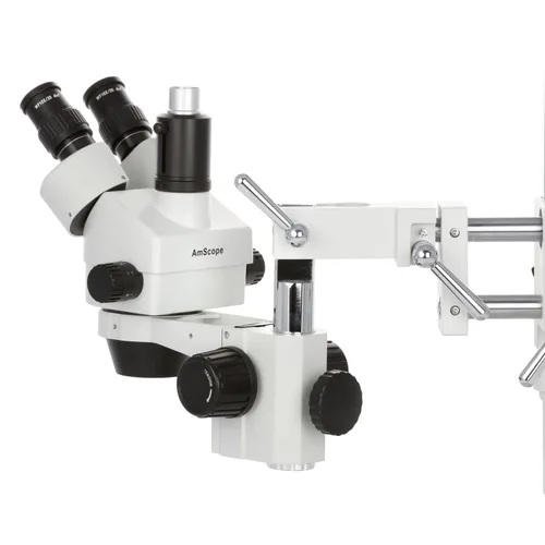 Vista 4 de AmScope - Microscopio de zoom estéreo simulfocal 7X-45X en soporte de brazo doble + 144-LED anillo de luz - SM-4TP-144